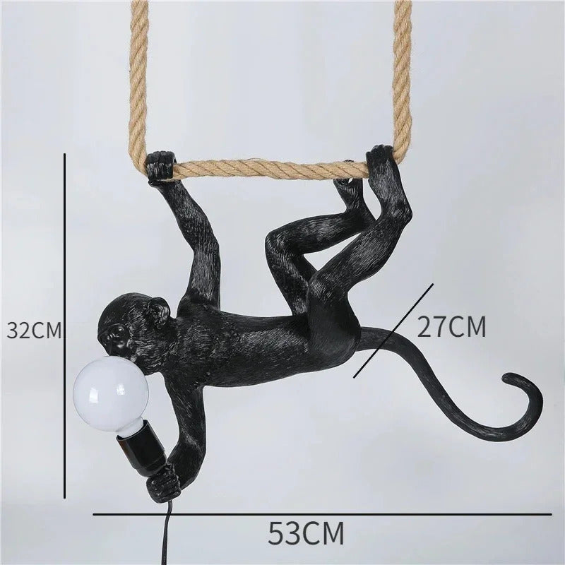 Art creative monkey Pendant lamp White black Resin animal hemp rope wall lamp