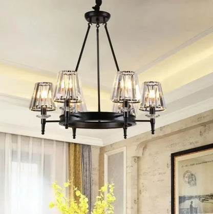 Retro Matte Black Round Metal Led Chandelier Lustre K9 Crystal Shades Pendant Lights Lighting Hanging Lamps Room Decor Fixtures