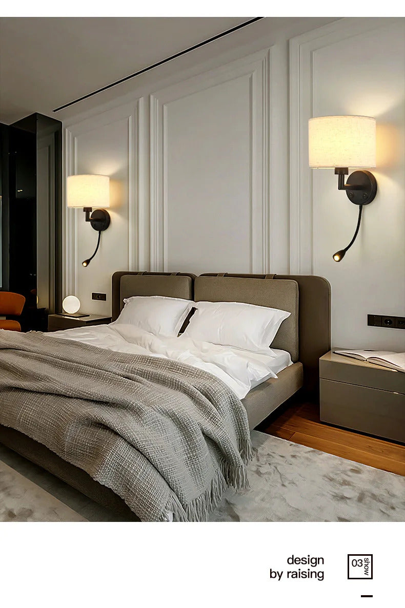 Bedside Wall Lamp LED Fabric Lampshade With 3W 360° Rotation Spotlight Reading lights