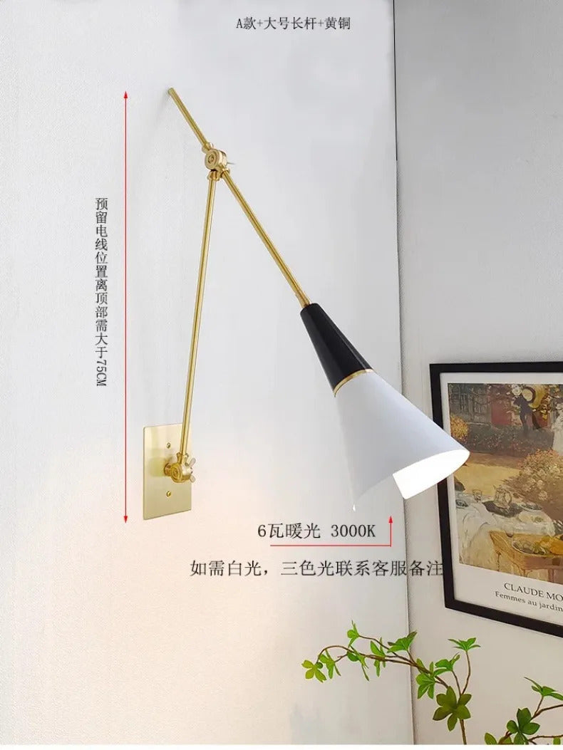 American Luxury Brass golden Wall Lamp Retro Swing Arm Adjustable Wall Light