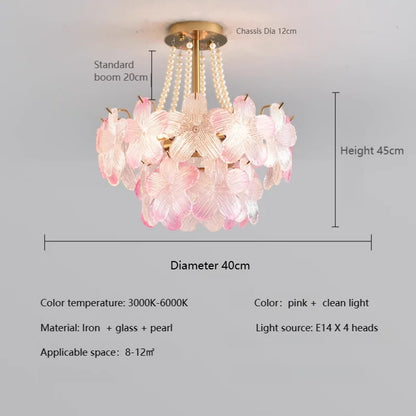 French Flower Crystal Chandelier Lamp Luxury Pink Glass Cream Petal Pendant Lights Living Room Bedroom Dining Room lighting