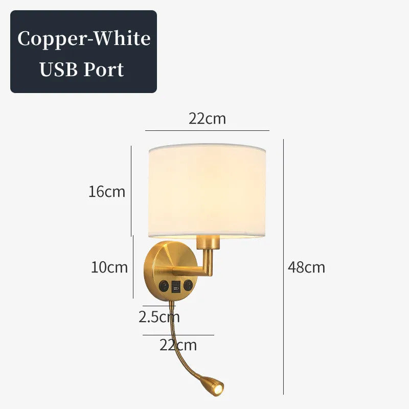 Bedside Wall Lamp LED Fabric Lampshade With 3W 360° Rotation Spotlight Reading lights