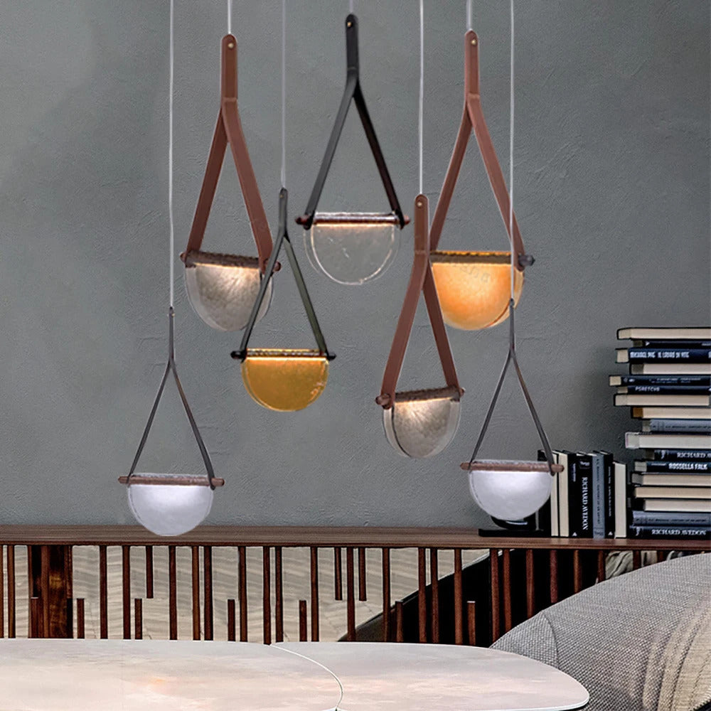 Modern leather handmade glass pendant lamp gray amber clear glass pendant Light