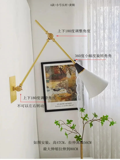 American Luxury Brass golden Wall Lamp Retro Swing Arm Adjustable Wall Light