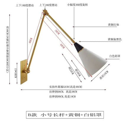 American Luxury Brass golden Wall Lamp Retro Swing Arm Adjustable Wall Light