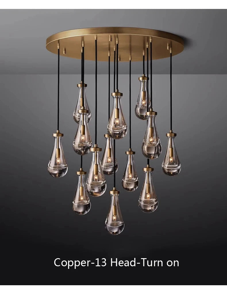 Luxury All Copper LED Pendant Light Modern Water drop Glass chandelier