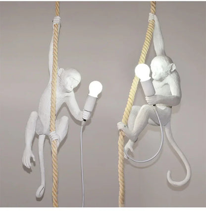 Art creative monkey Pendant lamp White black Resin animal hemp rope wall lamp