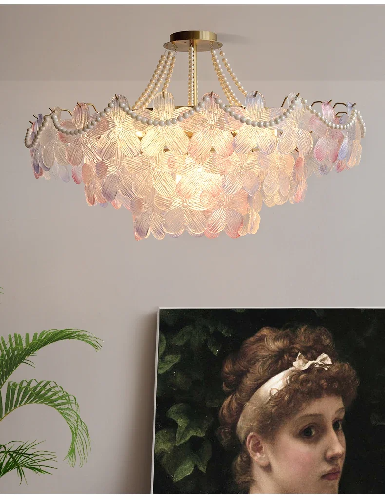 French Flower Crystal Chandelier Lamp Luxury Pink Glass Cream Petal Pendant Lights Living Room Bedroom Dining Room lighting