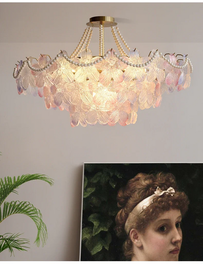 French Flower Crystal Chandelier Lamp Luxury Pink Glass Cream Petal Pendant Lights Living Room Bedroom Dining Room lighting