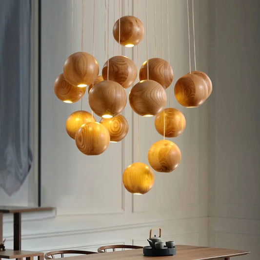 Wooden Orb Sphere Cluster Pendant Light