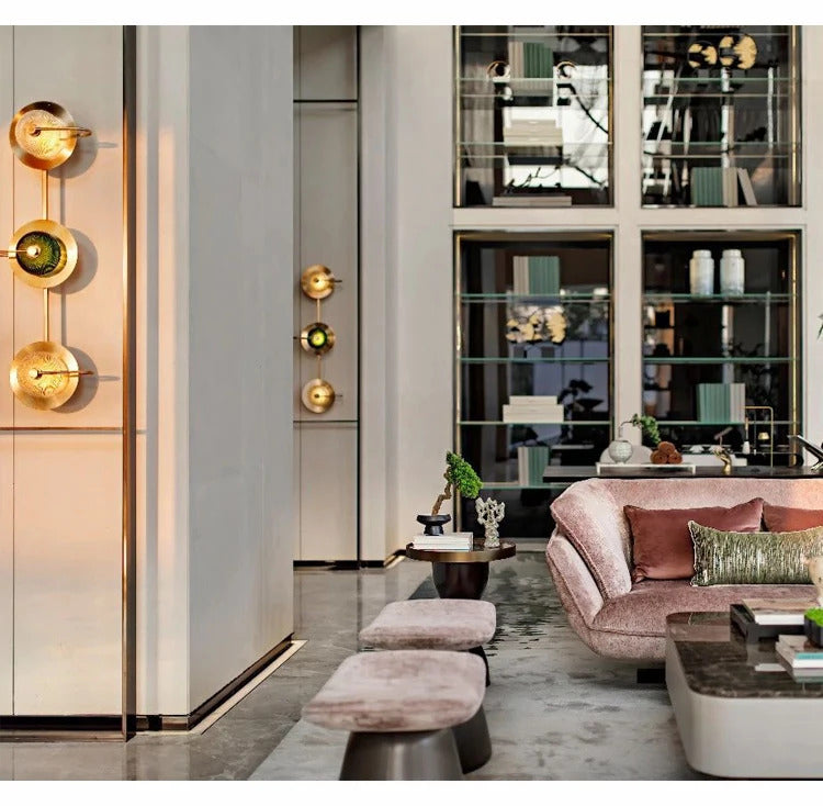 Nordic Retro round glass wall lamp Modern luxury metal plate Green Crystal wall light