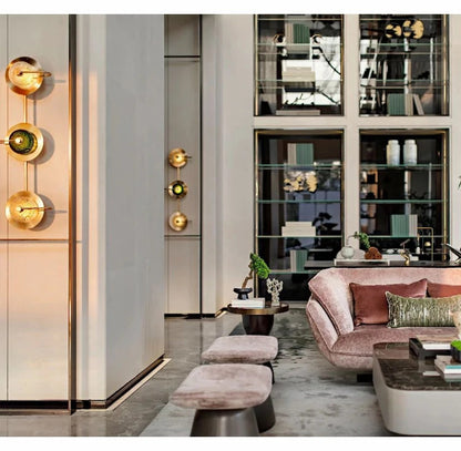 Nordic Retro round glass wall lamp Modern luxury metal plate Green Crystal wall light