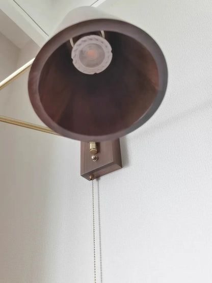 Retro Walnut Ash Wood LED Wall Lamp Copper Bedside Pull Chain Wall Light