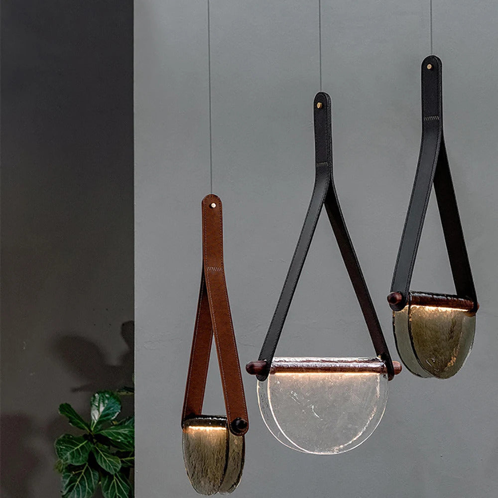 Modern leather handmade glass pendant lamp gray amber clear glass pendant Light
