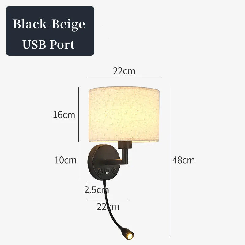 Bedside Wall Lamp LED Fabric Lampshade With 3W 360° Rotation Spotlight Reading lights