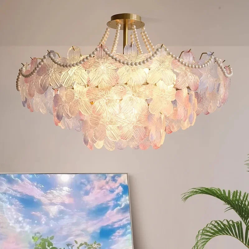 French Flower Crystal Chandelier Lamp Luxury Pink Glass Cream Petal Pendant Lights Living Room Bedroom Dining Room lighting