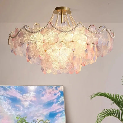 French Flower Crystal Chandelier Lamp Luxury Pink Glass Cream Petal Pendant Lights Living Room Bedroom Dining Room lighting