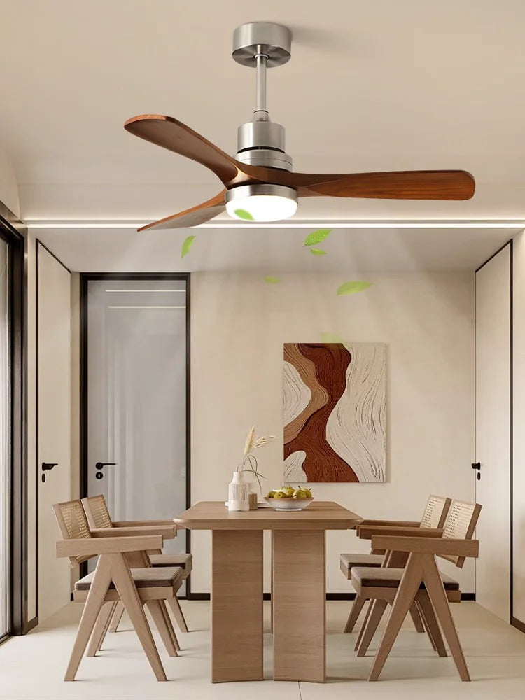 Nordic wooden Large Wind Ceiling Fan Light Retro Simple Solid walnut Electric Remote Fan lamp