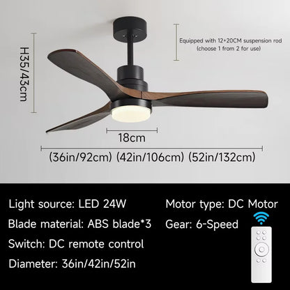 Nordic wooden Large Wind Ceiling Fan Light Retro Simple Solid walnut Electric Remote Fan lamp