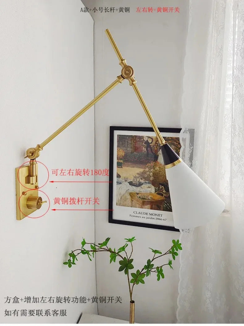 American Luxury Brass golden Wall Lamp Retro Swing Arm Adjustable Wall Light