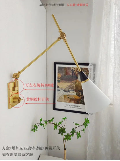 American Luxury Brass golden Wall Lamp Retro Swing Arm Adjustable Wall Light