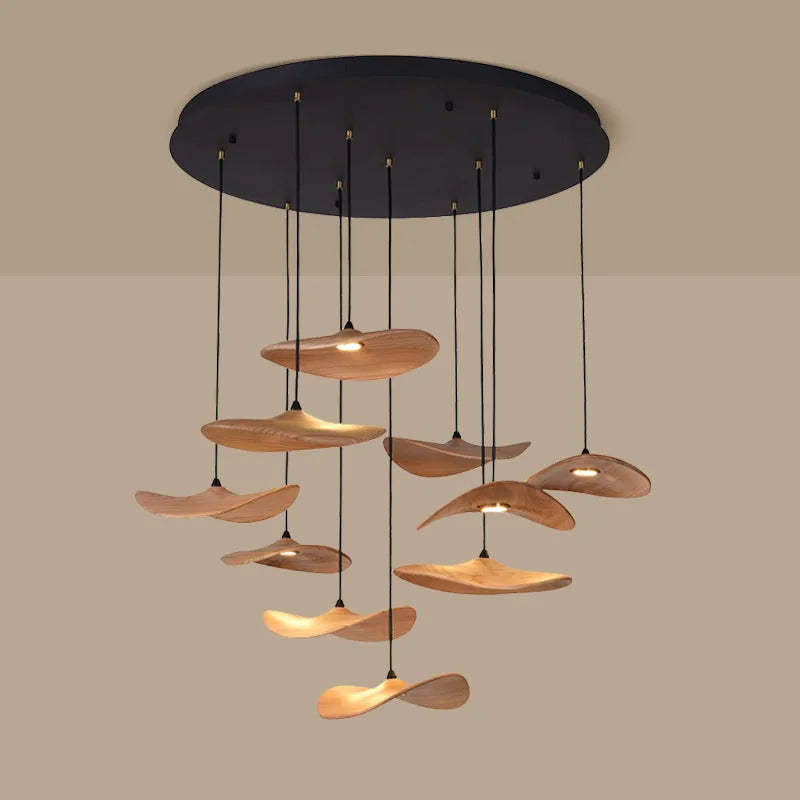 Japanese Lotus Leaf Chandelier Wabi Sabi Solid Wood Hanging Lamp