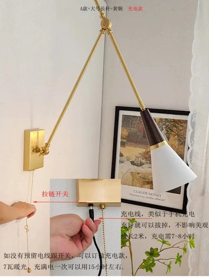 American Luxury Brass golden Wall Lamp Retro Swing Arm Adjustable Wall Light