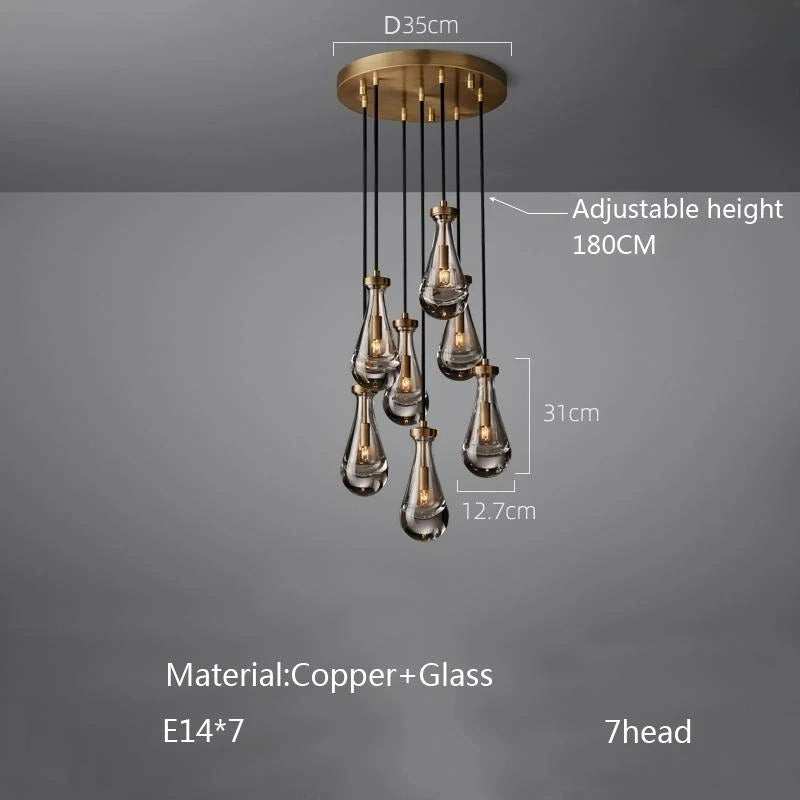 Luxury All Copper LED Pendant Light Modern Water drop Glass chandelier