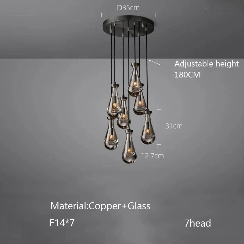 Luxury All Copper LED Pendant Light Modern Water drop Glass chandelier