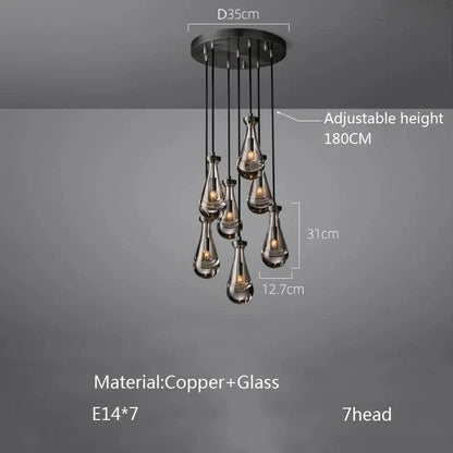 Luxury All Copper LED Pendant Light Modern Water drop Glass chandelier
