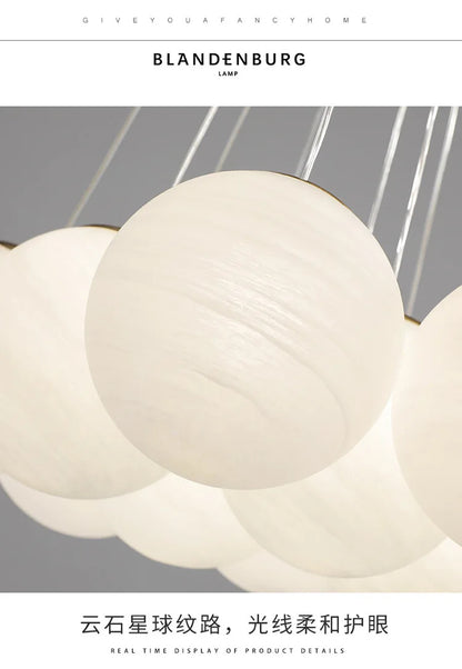Lustre moderno em estilo creme com bolas de vidro branco, lustre criativo de bolhas LED para sala de estar e quarto, candeeiro nórdico com lua e planetas.