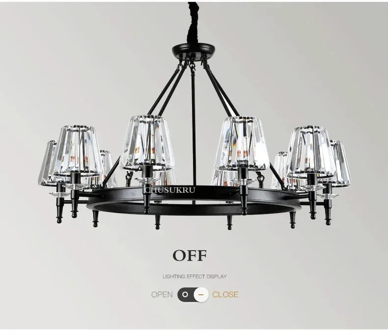 Retro Matte Black Round Metal Led Chandelier Lustre K9 Crystal Shades Pendant Lights Lighting Hanging Lamps Room Decor Fixtures