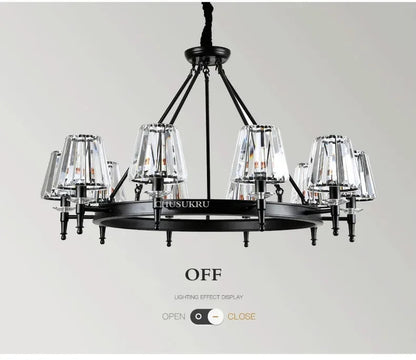 Retro Matte Black Round Metal Led Chandelier Lustre K9 Crystal Shades Pendant Lights Lighting Hanging Lamps Room Decor Fixtures