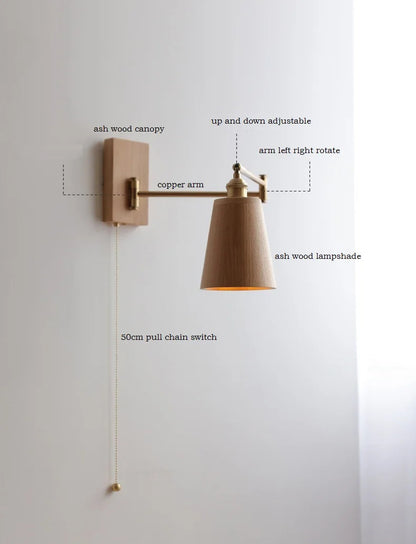 Retro Walnut Ash Wood LED Wall Lamp Copper Bedside Pull Chain Wall Light
