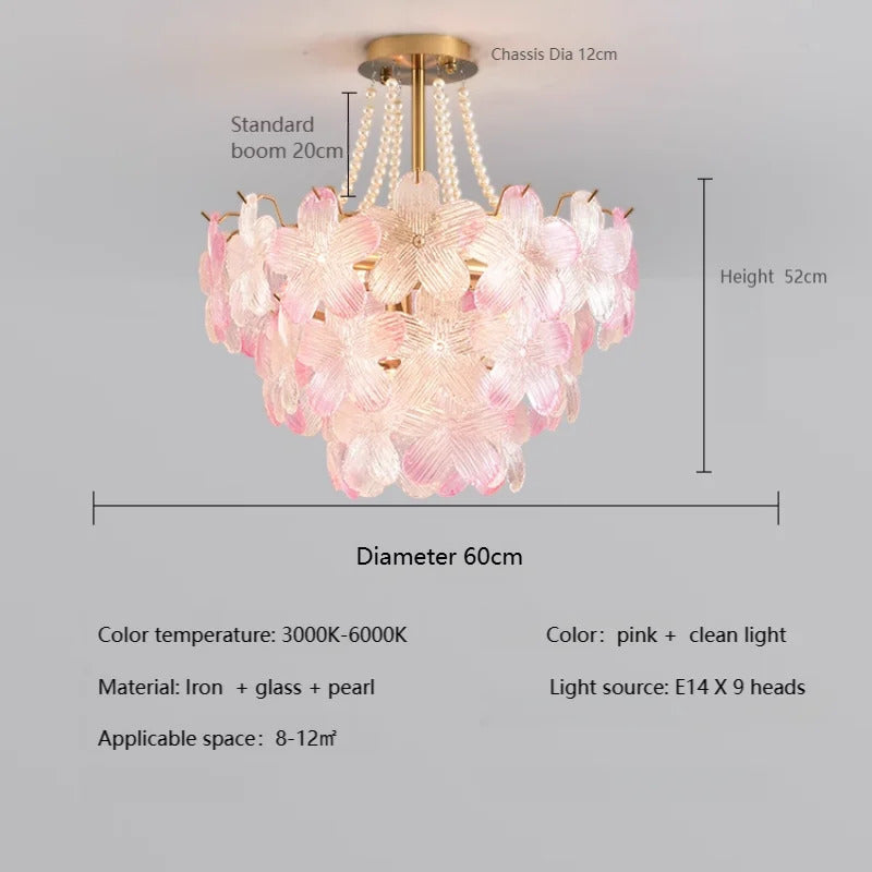 French Flower Crystal Chandelier Lamp Luxury Pink Glass Cream Petal Pendant Lights Living Room Bedroom Dining Room lighting