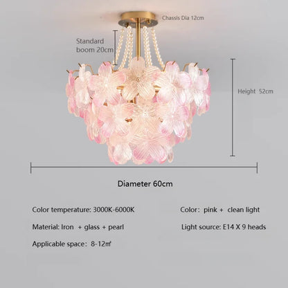 French Flower Crystal Chandelier Lamp Luxury Pink Glass Cream Petal Pendant Lights Living Room Bedroom Dining Room lighting