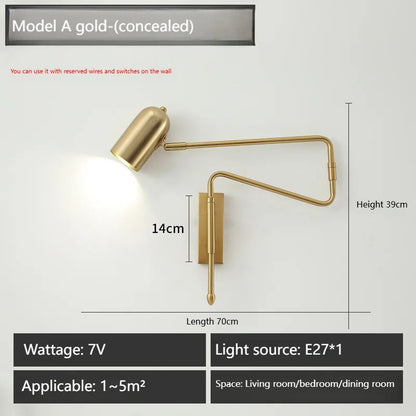 Nordic Long arm Wall lamp Art design Adjustable Wall light gold black swing sconce