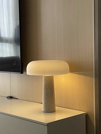 Modern Travertine Table Lamp Natural Stone LED Desk Lamp Indoor Decor Lighting Bedroom Living Room Study Matte Glass Lampshade