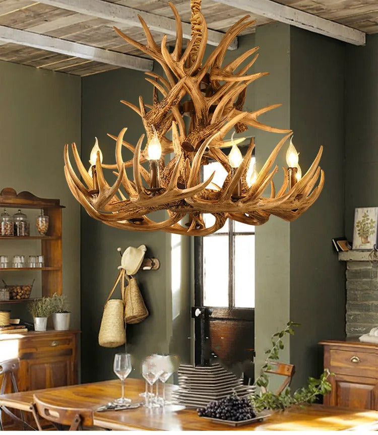 Retro Antler Chandelier Lighting Resin Deer Horn Pendant Lamp