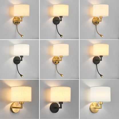 Bedside Wall Lamp LED Fabric Lampshade With 3W 360° Rotation Spotlight Reading lights