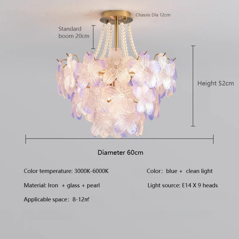 French Flower Crystal Chandelier Lamp Luxury Pink Glass Cream Petal Pendant Lights Living Room Bedroom Dining Room lighting