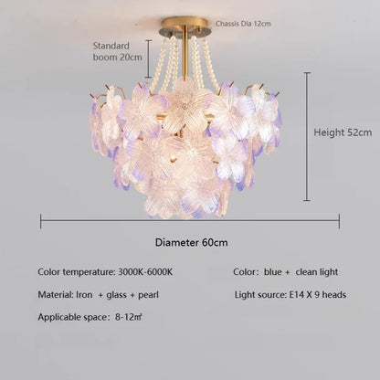 French Flower Crystal Chandelier Lamp Luxury Pink Glass Cream Petal Pendant Lights Living Room Bedroom Dining Room lighting