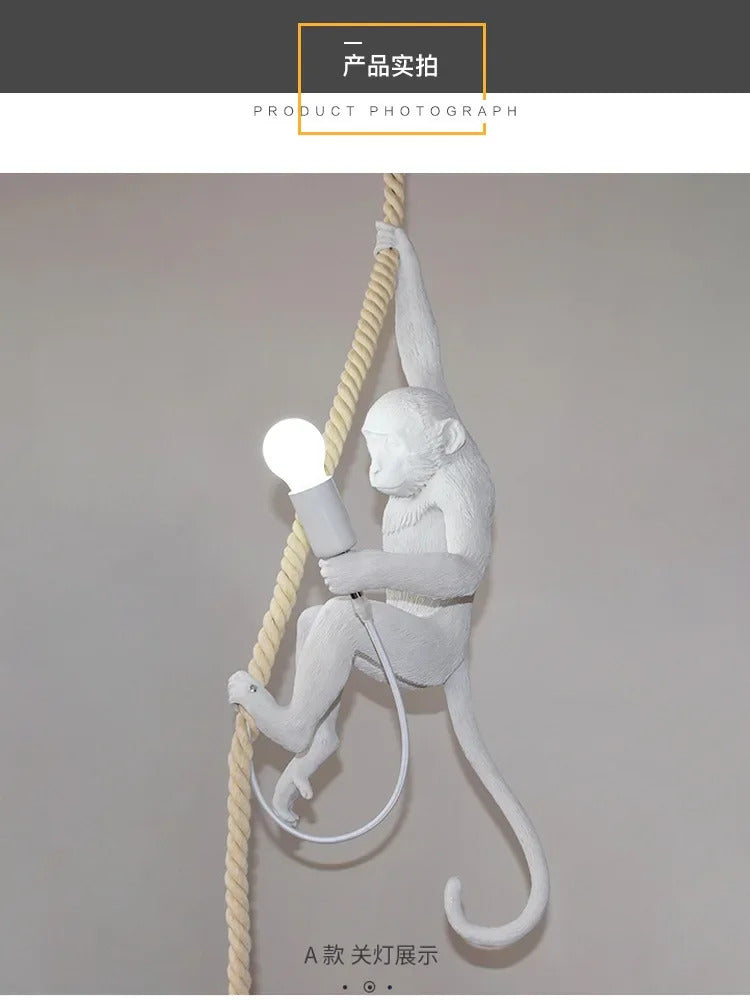 Art creative monkey Pendant lamp White black Resin animal hemp rope wall lamp