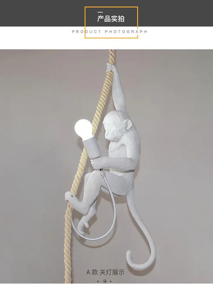 Art creative monkey Pendant lamp White black Resin animal hemp rope wall lamp