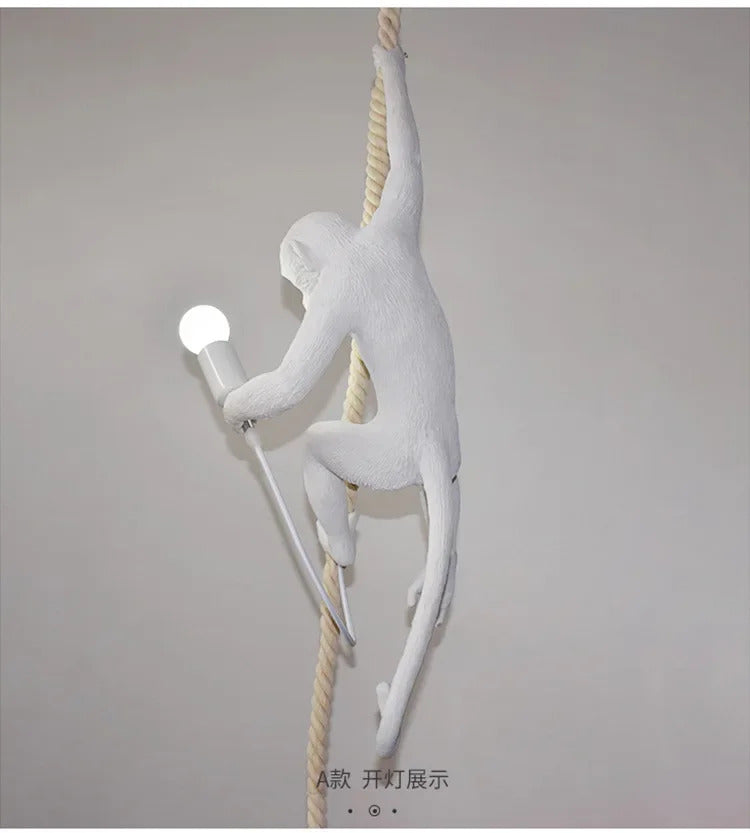 Art creative monkey Pendant lamp White black Resin animal hemp rope wall lamp