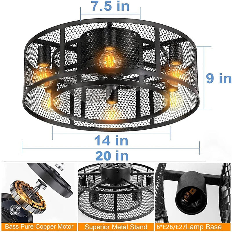 Cage Ceiling Fan with Light 20"Flush Mount Ceiling Fan Lights