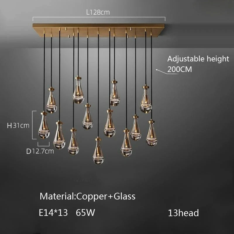 Luxury All Copper LED Pendant Light Modern Water drop Glass chandelier