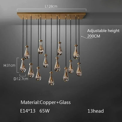 Luxury All Copper LED Pendant Light Modern Water drop Glass chandelier