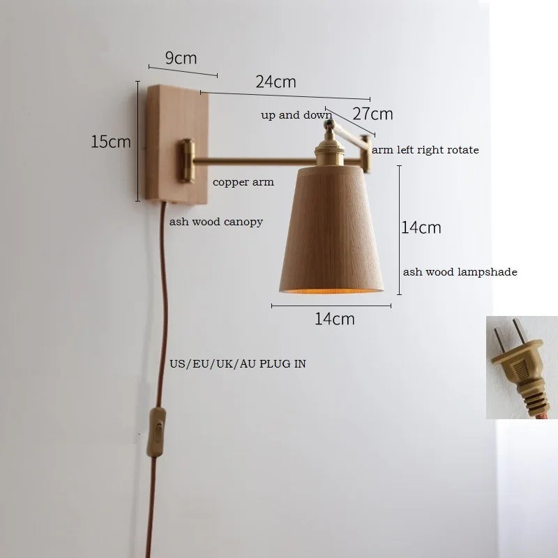 Retro Walnut Ash Wood LED Wall Lamp Copper Bedside Pull Chain Wall Light