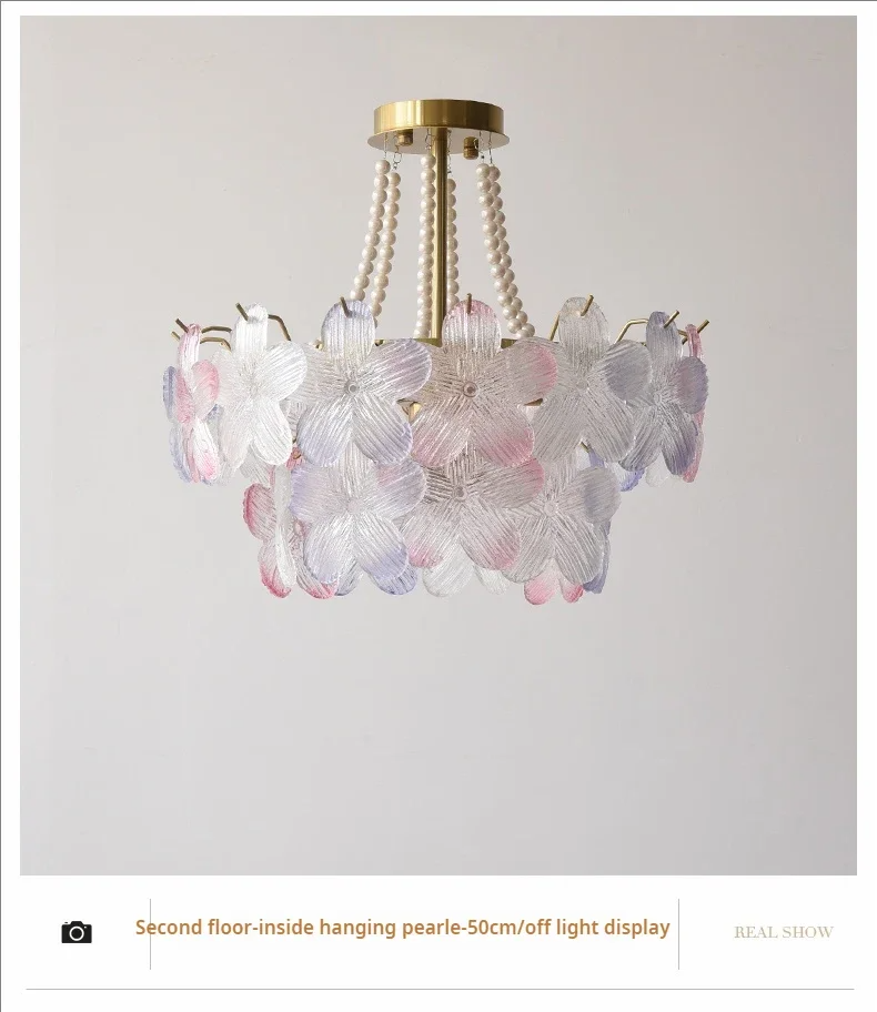 French Flower Crystal Chandelier Lamp Luxury Pink Glass Cream Petal Pendant Lights Living Room Bedroom Dining Room lighting